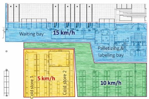Plan hali z wyznaczonymi strefami prędkości 5, 10 i 15 km/h dla wózków widłowych