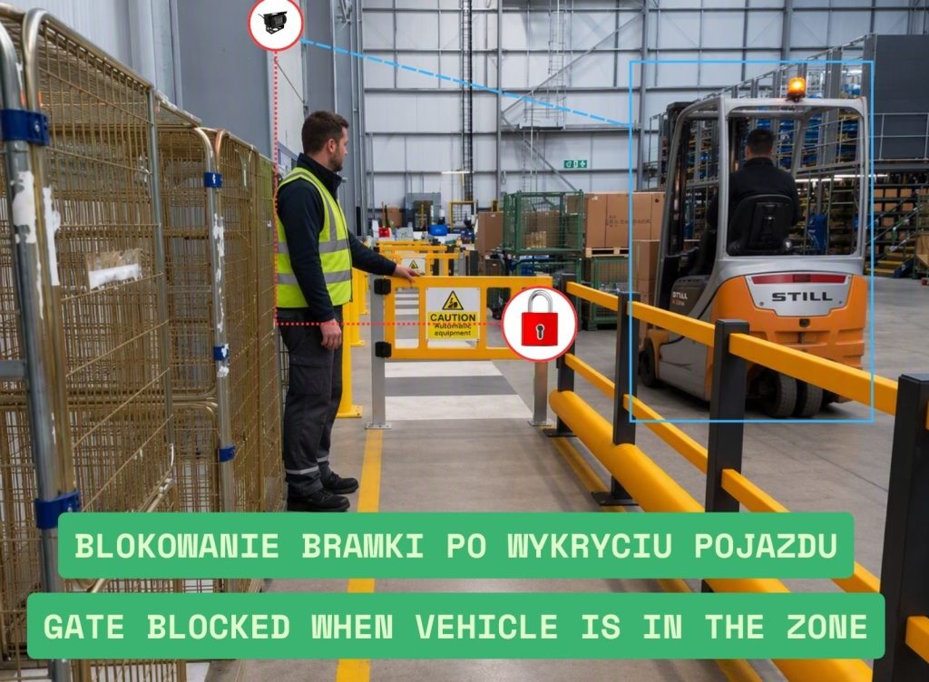 Bramka dla pieszych blokowana automatycznie po wykryciu wózka widłowego w strefie